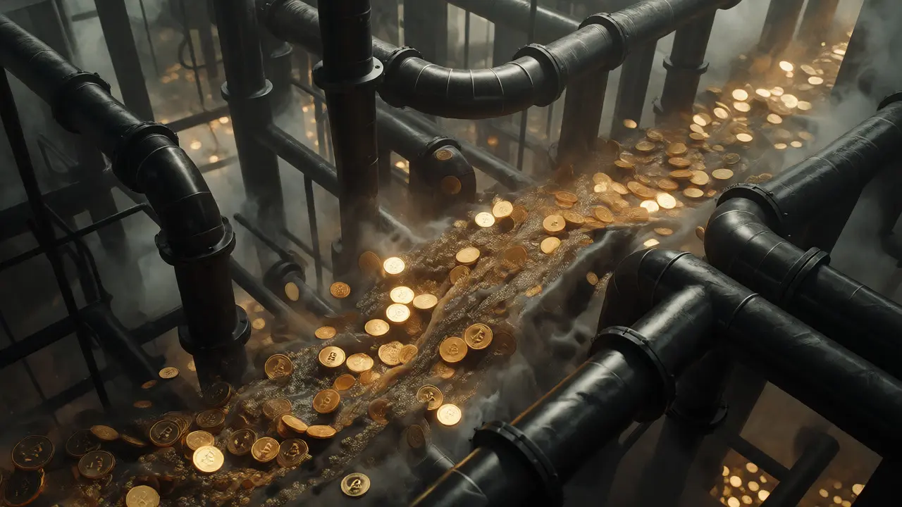 Gold coins flowing through a dark industrial mixing pipeline