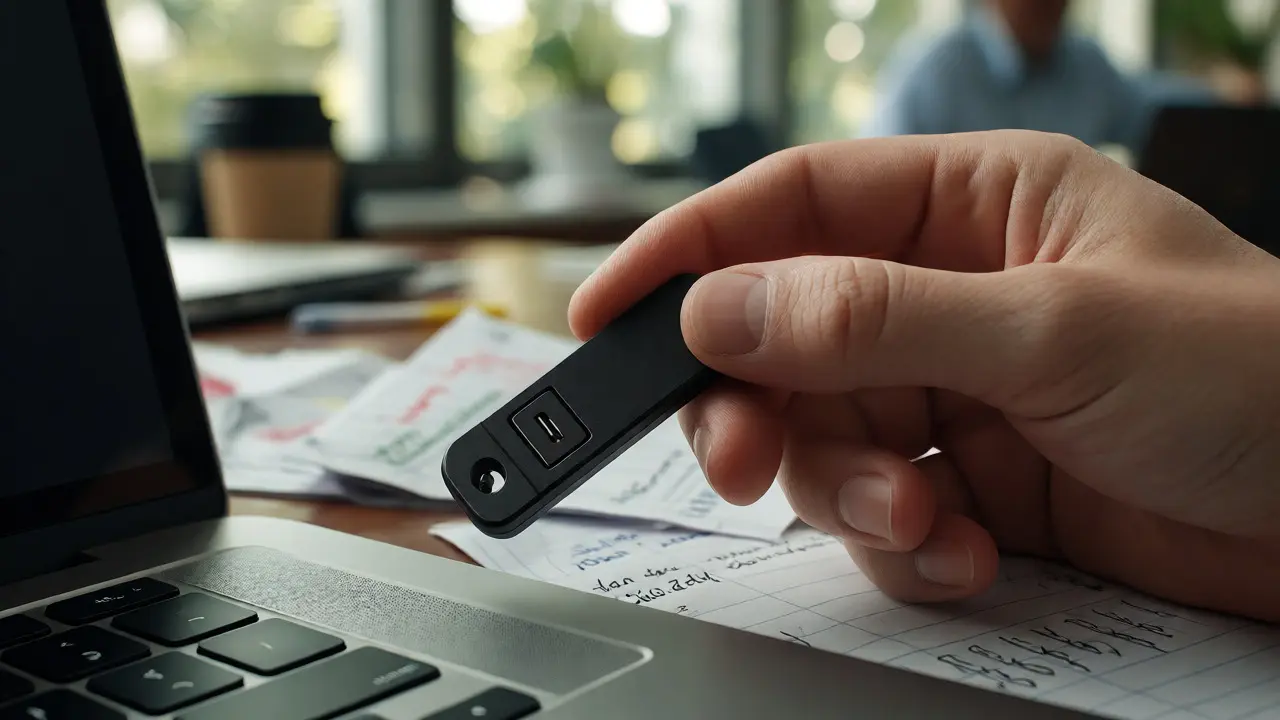 Hand holding a hardware security key to authenticate an exchange login