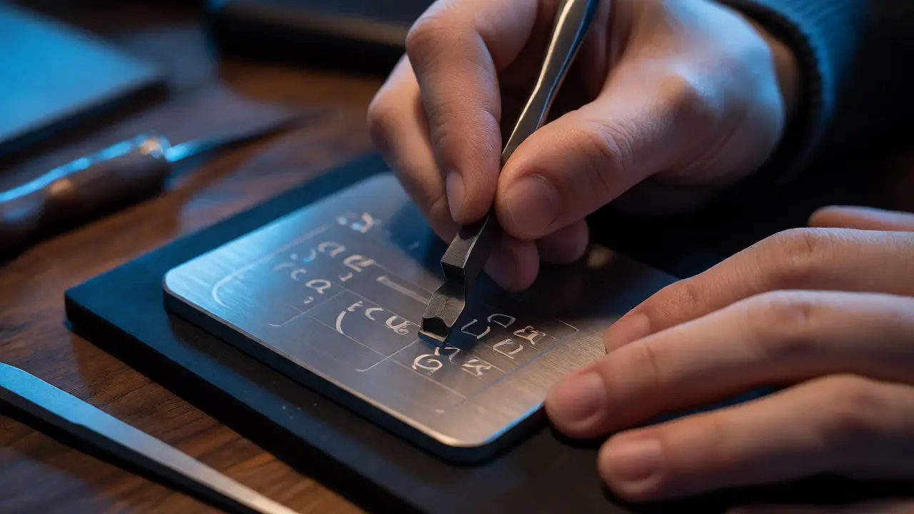 Hands stamping recovery phrase onto a titanium metal backup plate
