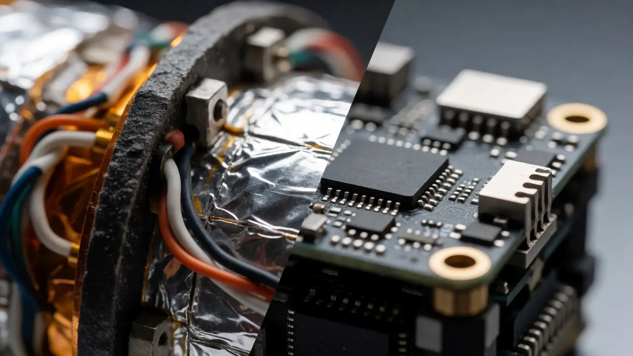 Macro shot comparing rugged aerospace components with standard SmallSat electronics
