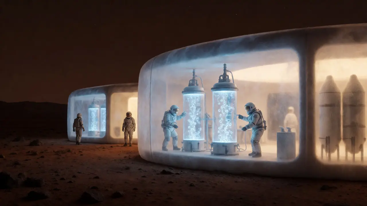Mars habitat with water-filled radiation shielding walls and life support systems.