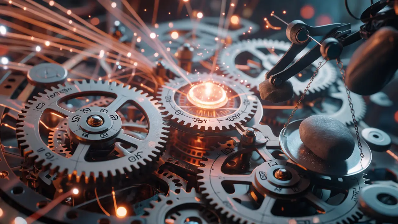 Mechanical clockwork and fiber optics balancing a scale