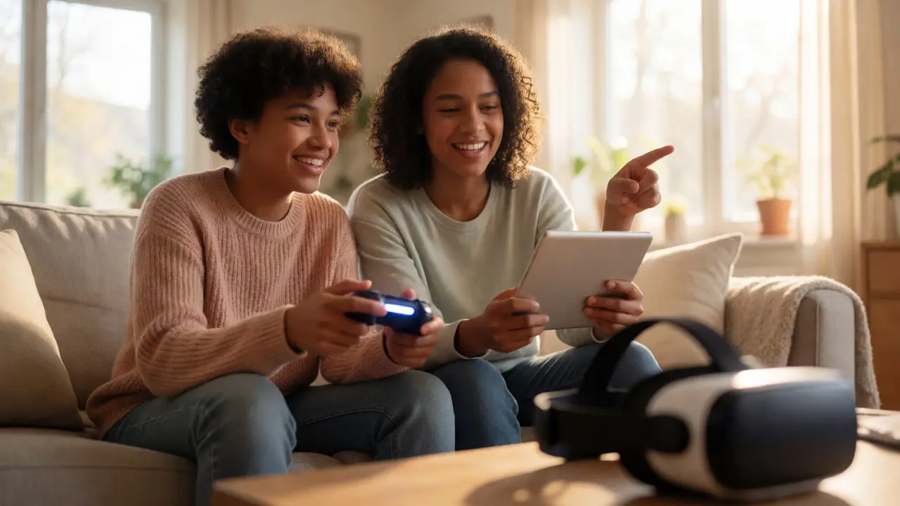 Parent and child discussing gaming together on a sunny sofa