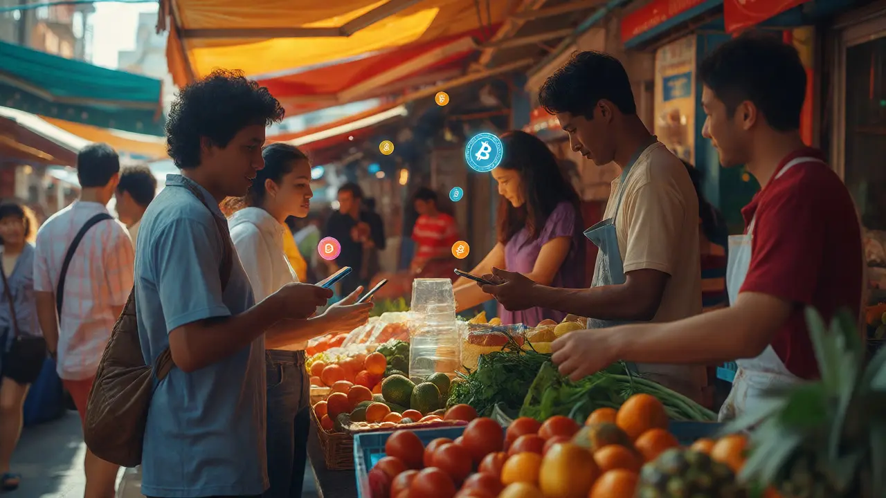 People making instant micropayments at a busy outdoor street market