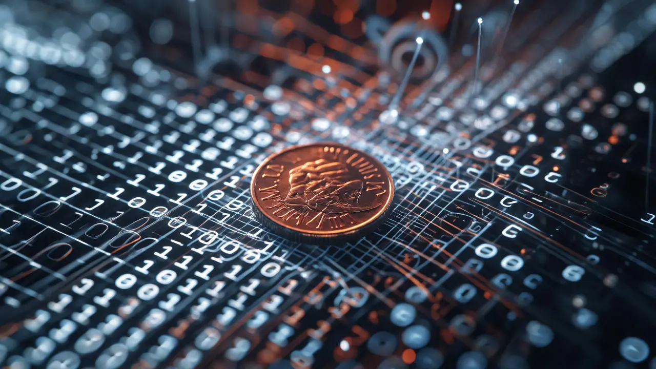 Physical coin transforming into digital code and light