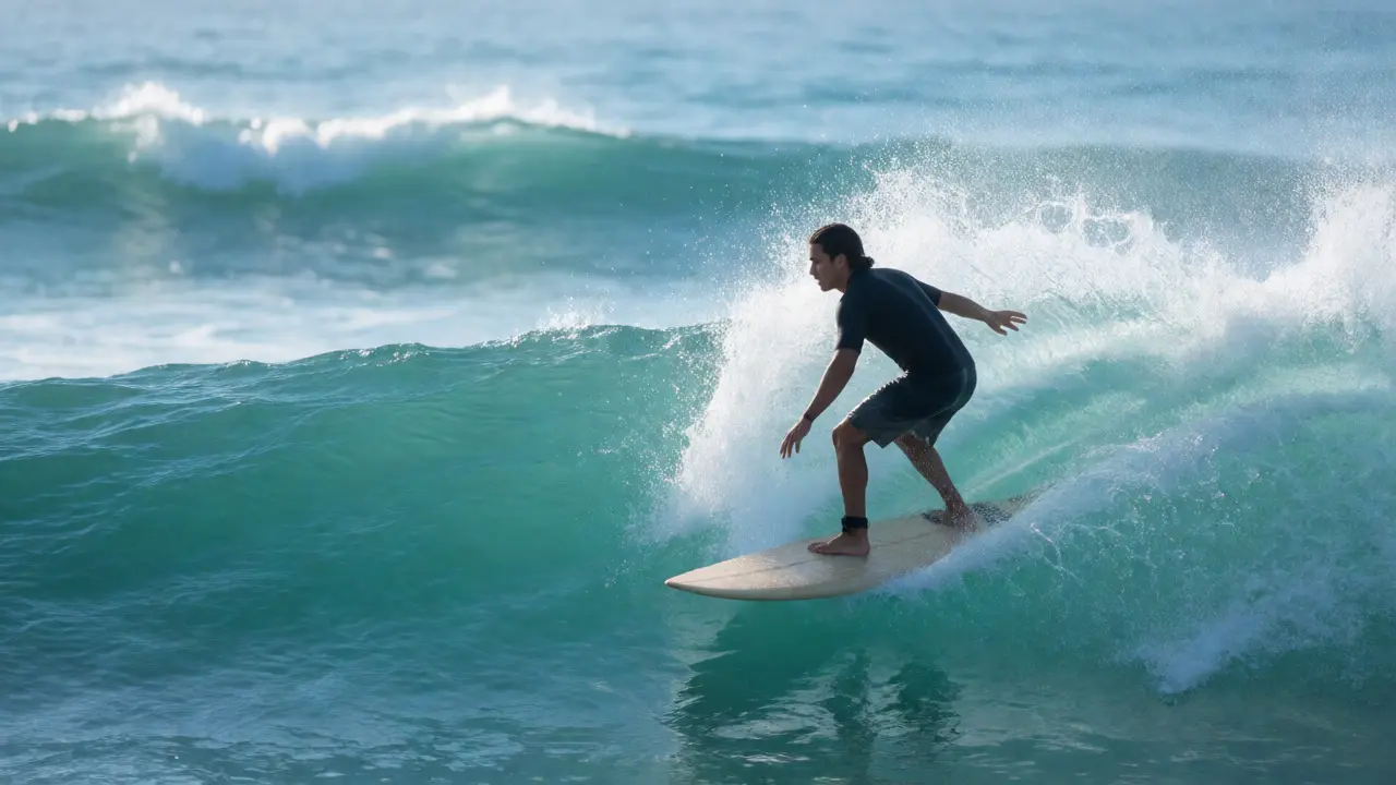 Surfer riding a large wave, symbolizing scaling up in strong trends.