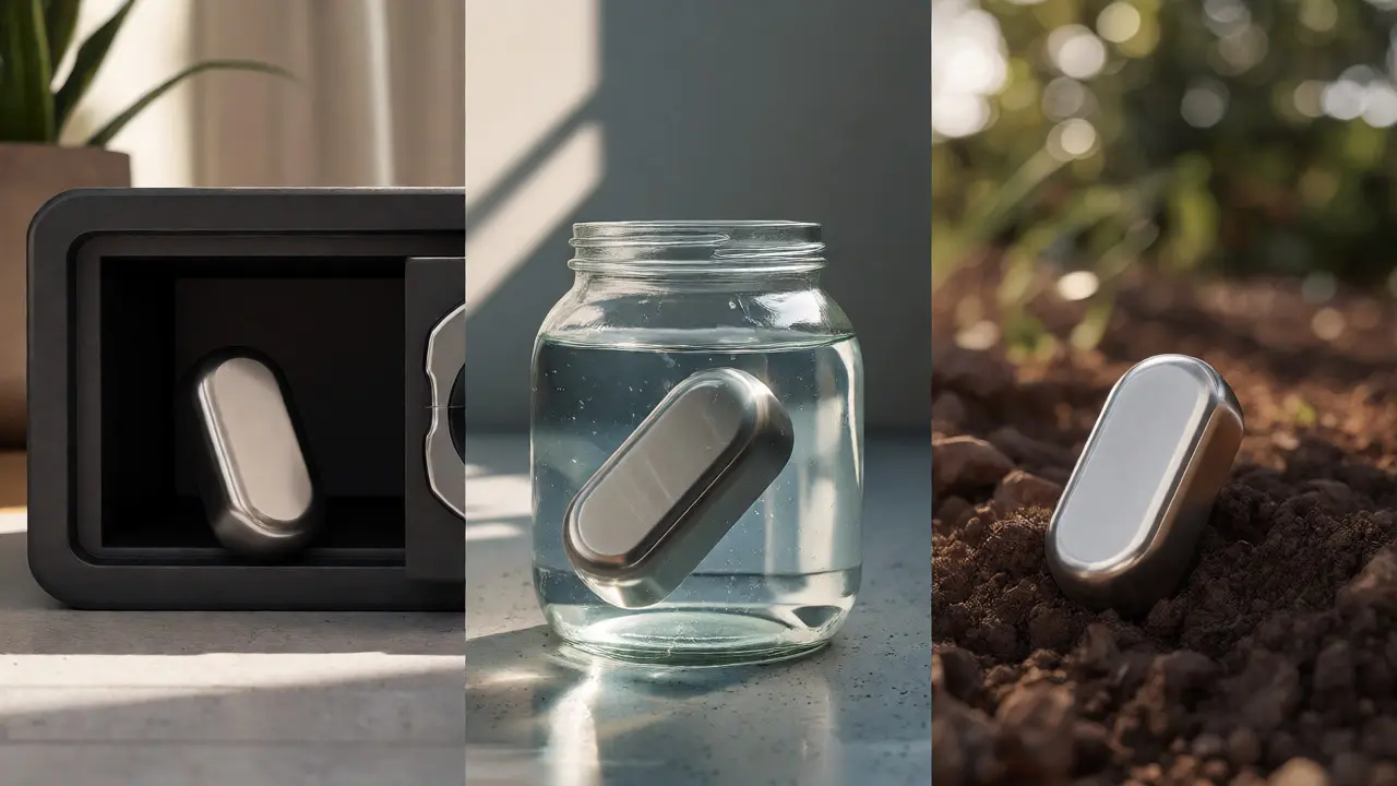 Three metal crypto backups stored in safe, water, and soil for security