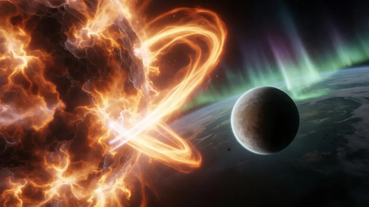 Violent stellar flare from a red dwarf impacting a nearby exoplanet's atmosphere