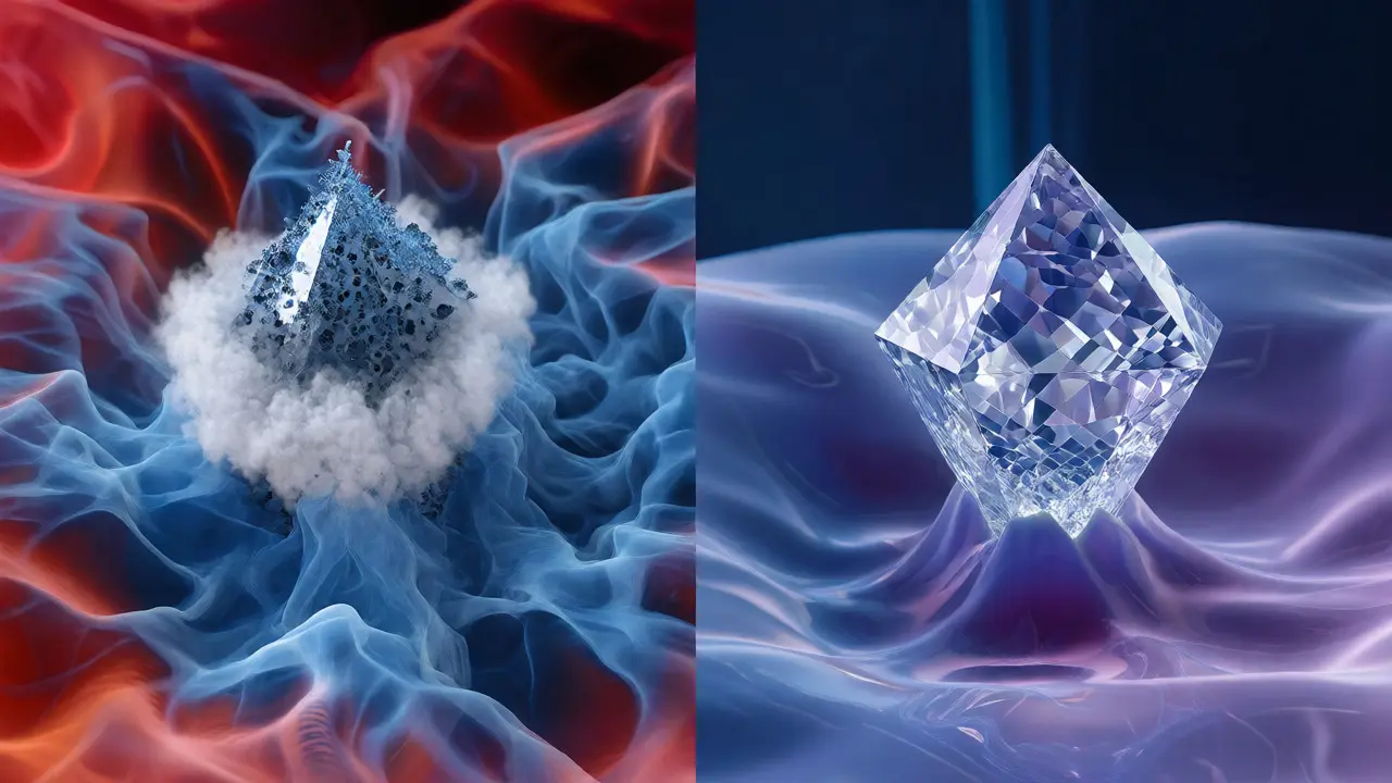 Visual comparison of turbulent Earth crystal growth vs. smooth microgravity growth.