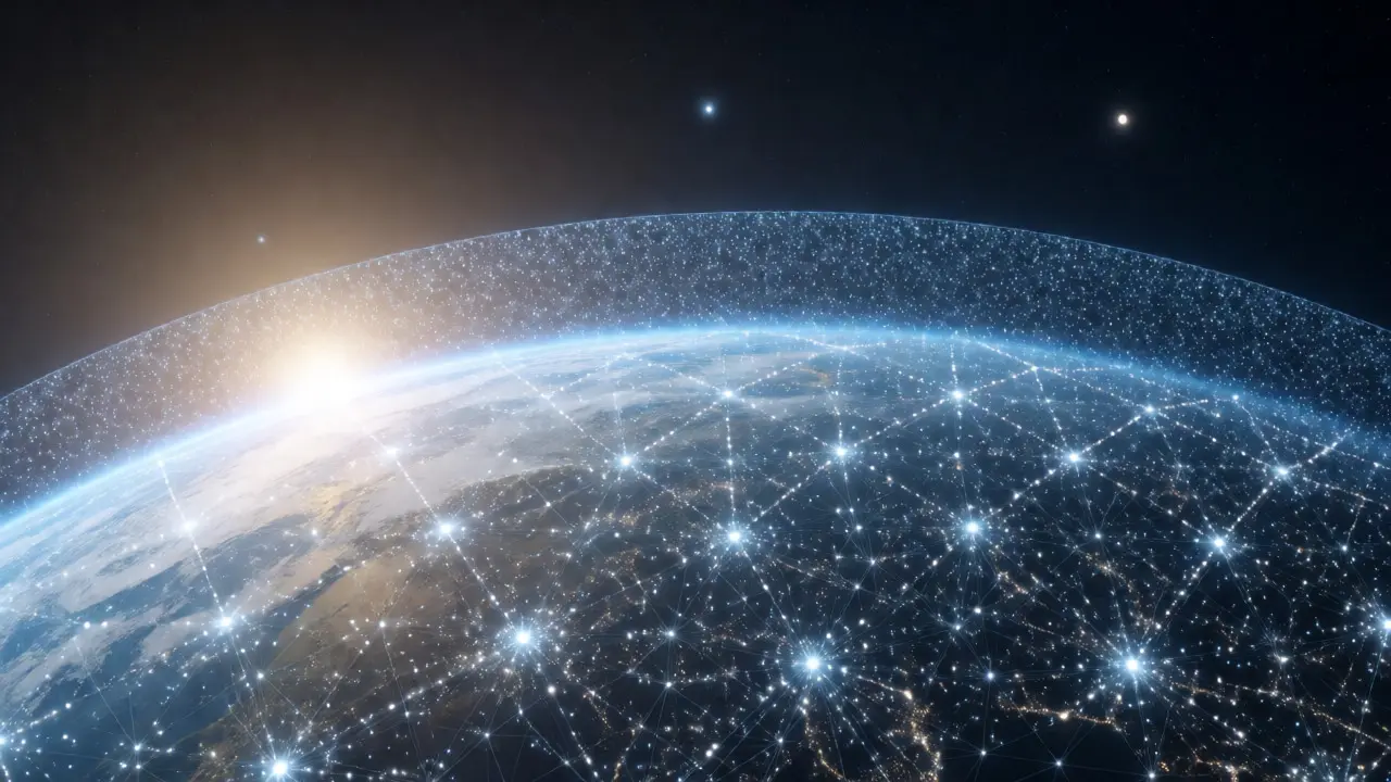Visualization of a dense SmallSat constellation mesh around Earth vs distant GEO satellites
