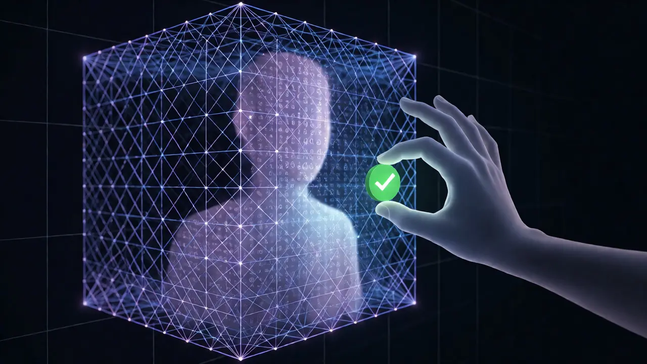 A conceptual visualization of zero-knowledge proofs shielding identity while verifying data.