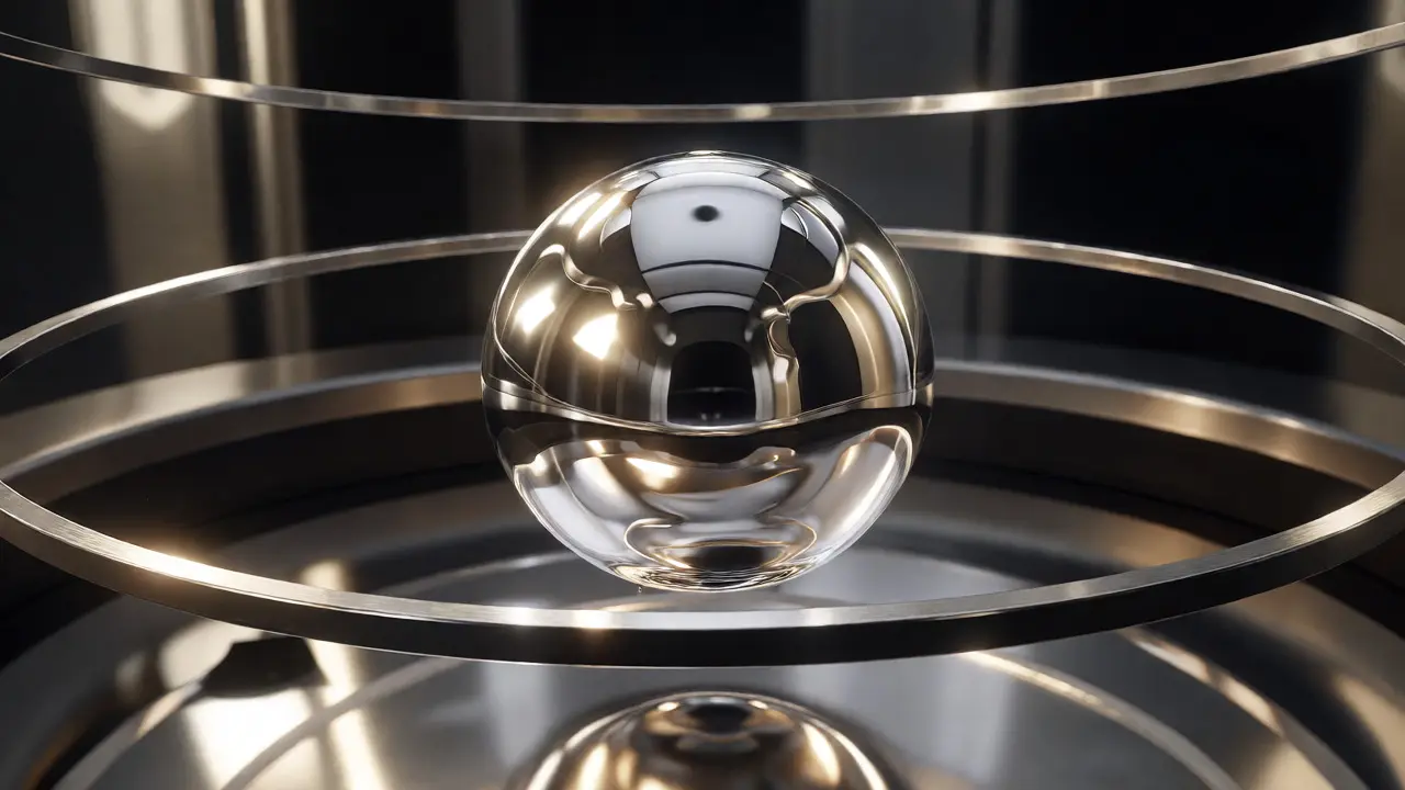 A sphere of molten metal floats between rings in a containerless microgravity experiment.