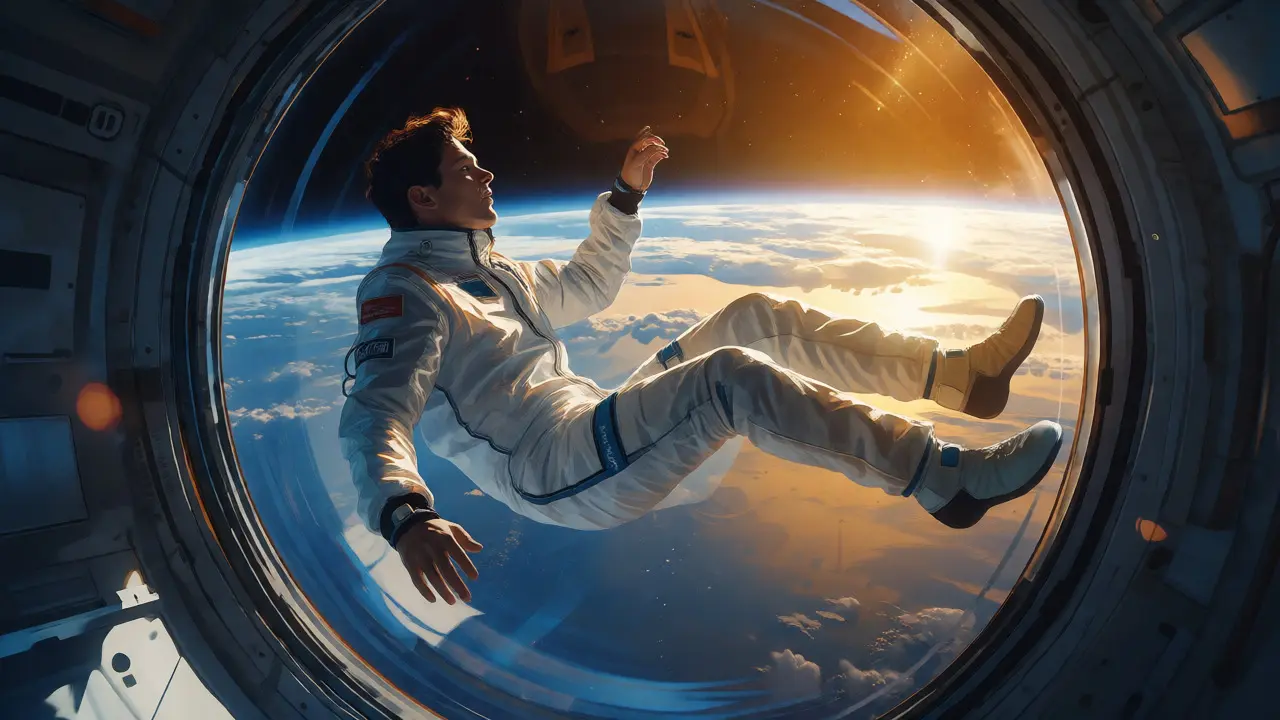 A tourist floating in zero gravity looking out at Earth.
