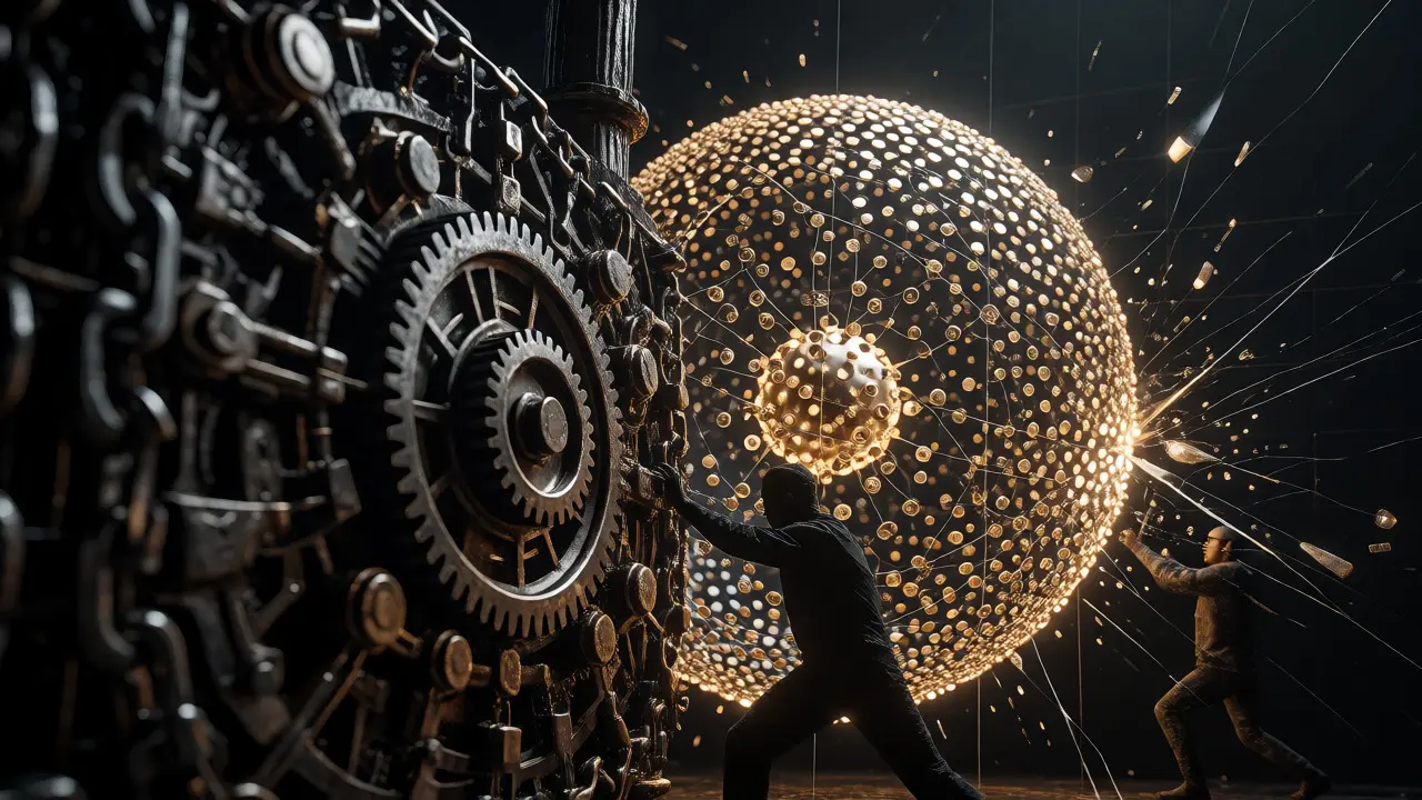 Abstract concept comparing PoW's physical iron lock security against PoS's fragile token-based consensus.