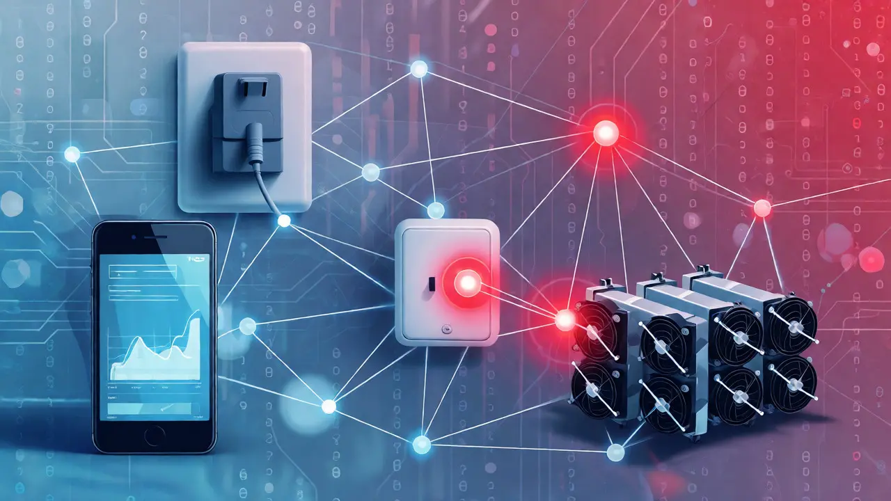 Abstract network visualization connecting mining rigs, smart plugs, and mobile devices.