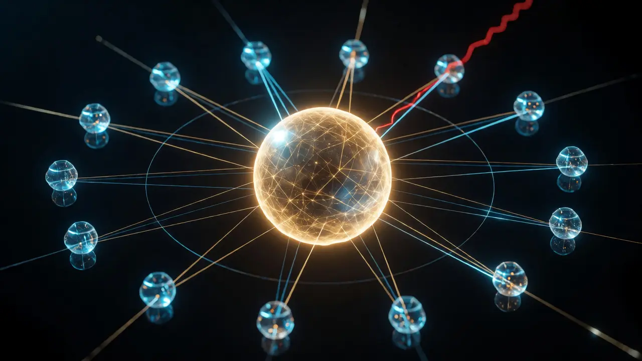 Abstract visualization of blockchain validators attesting to a staked capital node.
