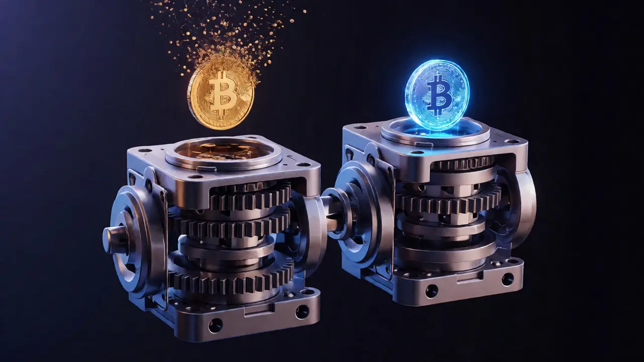 Abstract visualization of tokens being locked on one chain and minted on another via smart contracts.