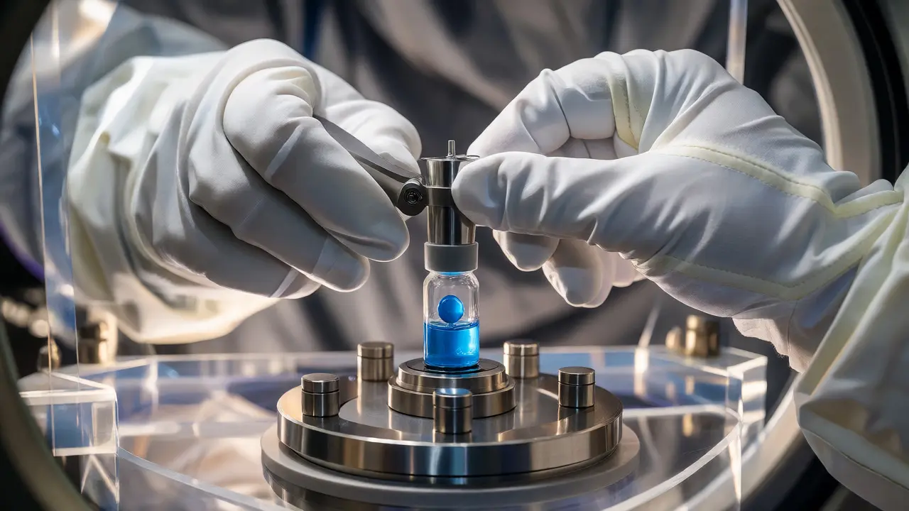 Astronauts manipulate a floating liquid sample inside a sealed space station glovebox.
