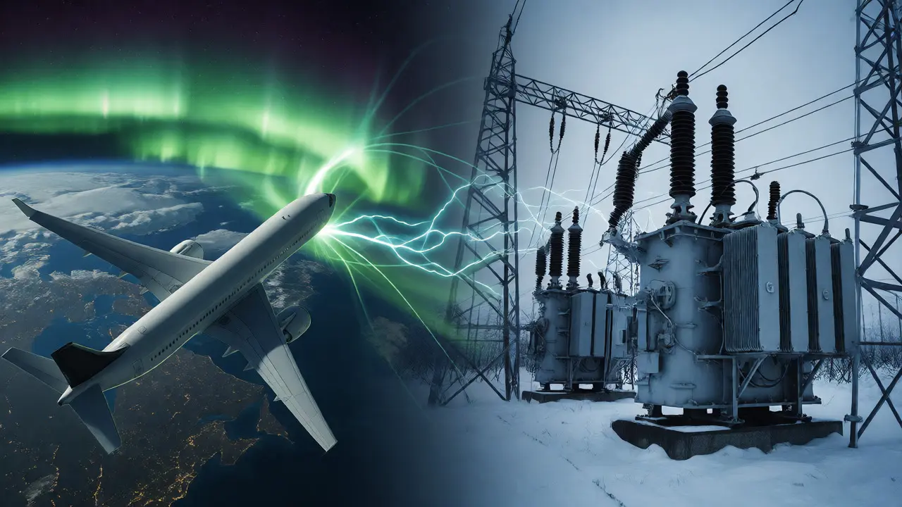 Auroras affecting polar flights and power grids during a geomagnetic storm