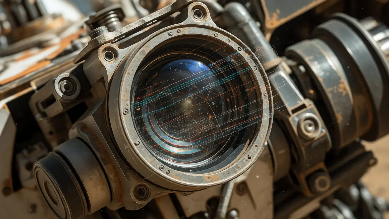 Close-up of a Mars rover's camera and sensors with digital planning overlays.