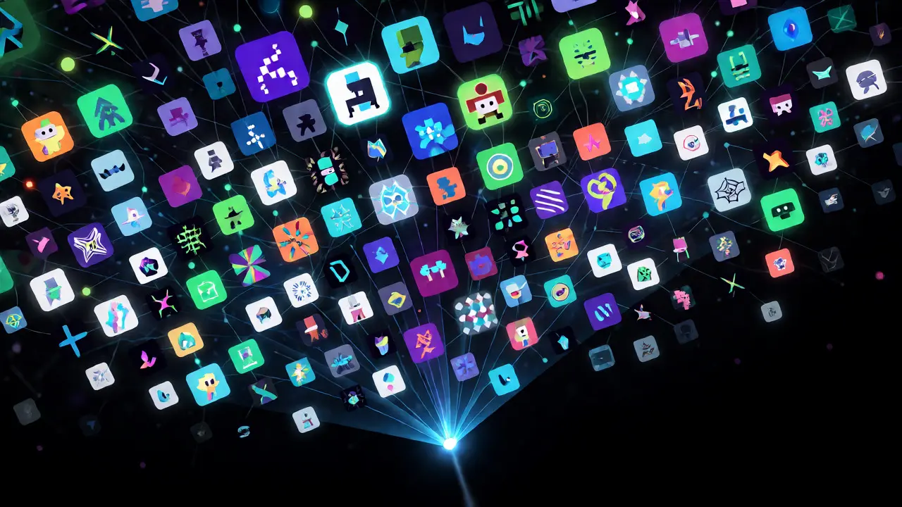 Cloud of diverse NFT thumbnails connected by data streams