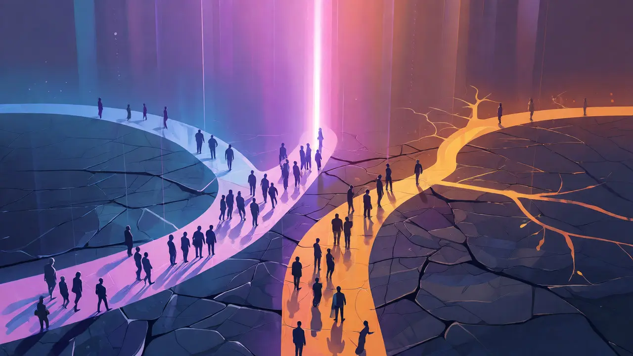 Conceptual art showing the Ethereum hard fork splitting into two chains