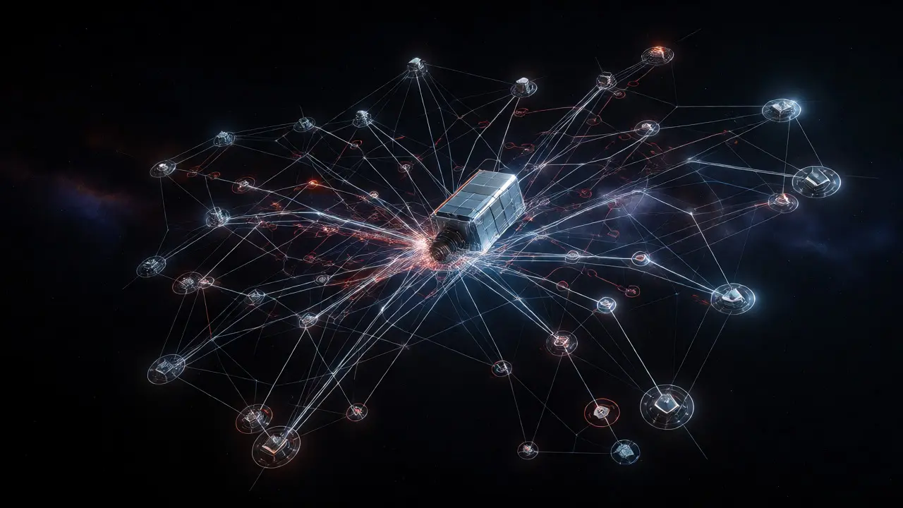 Conceptual view of a spacecraft's autonomous planning system with glowing data networks.