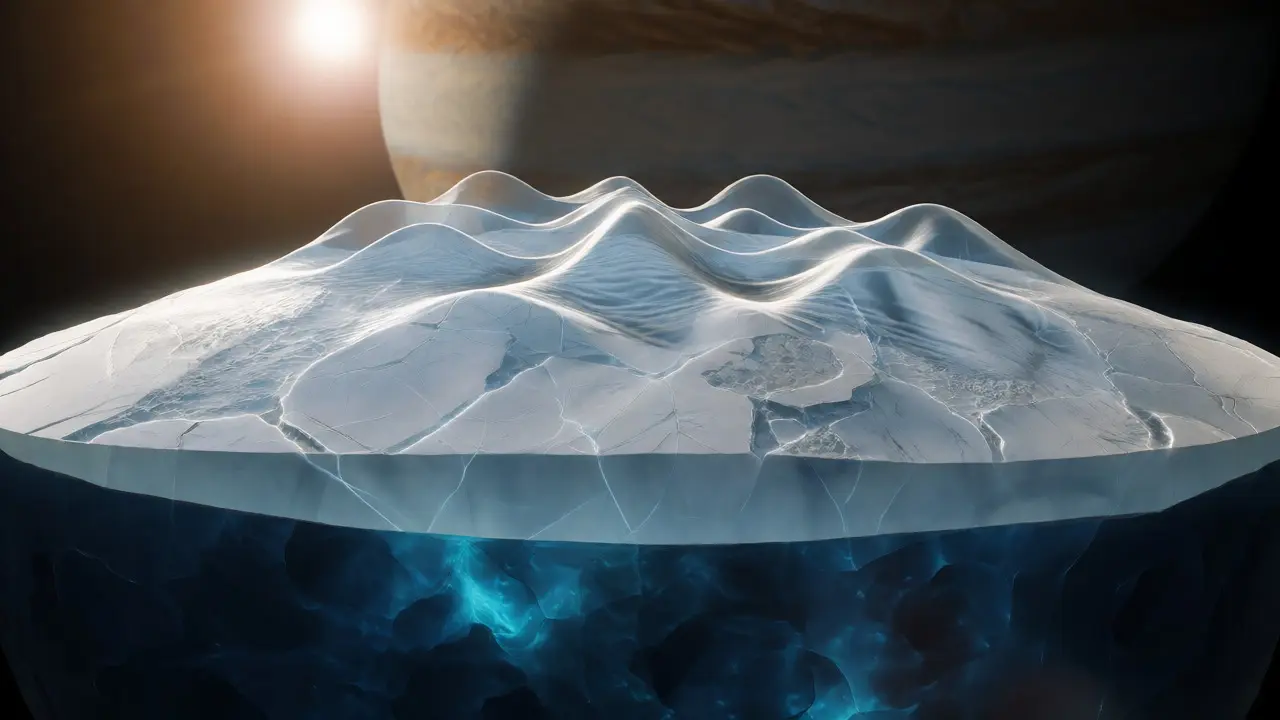 Cross-section of Europa revealing a subsurface ocean under ice