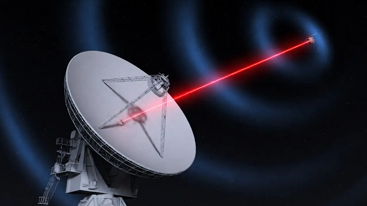Deep Space Network dish receiving a precise laser beam from a spacecraft