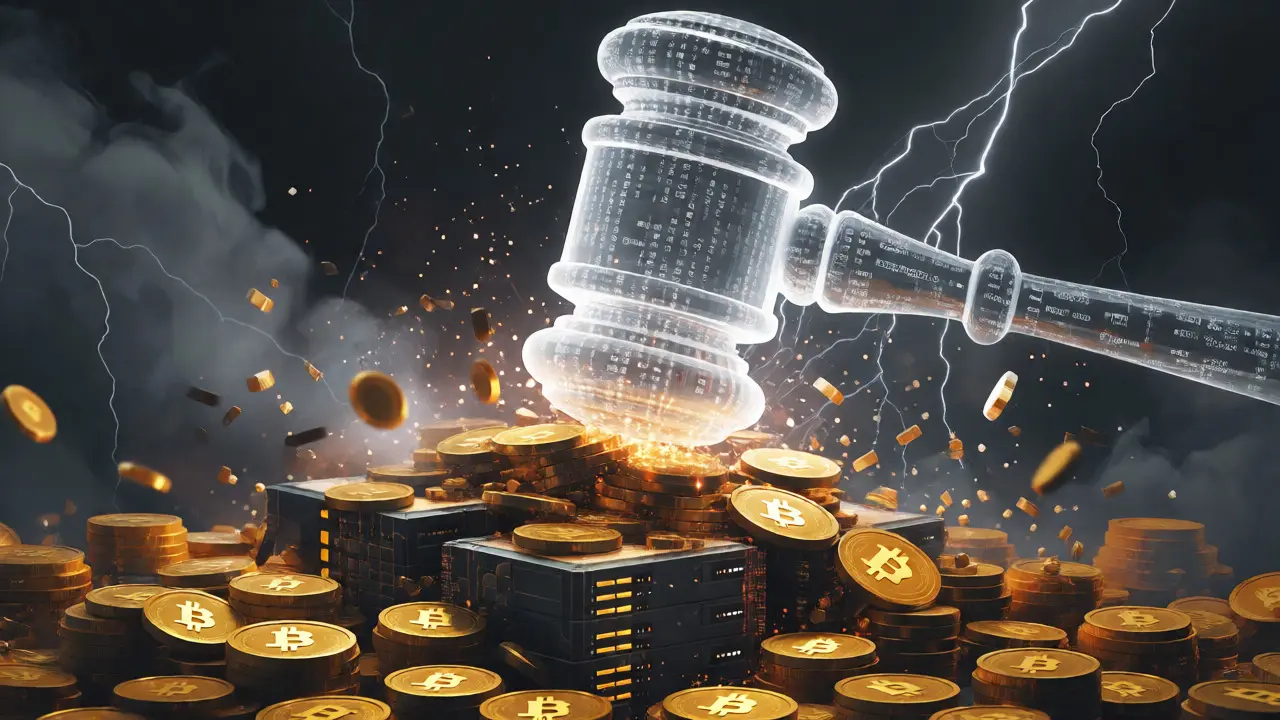 Digital gavel crushing crypto coins and servers
