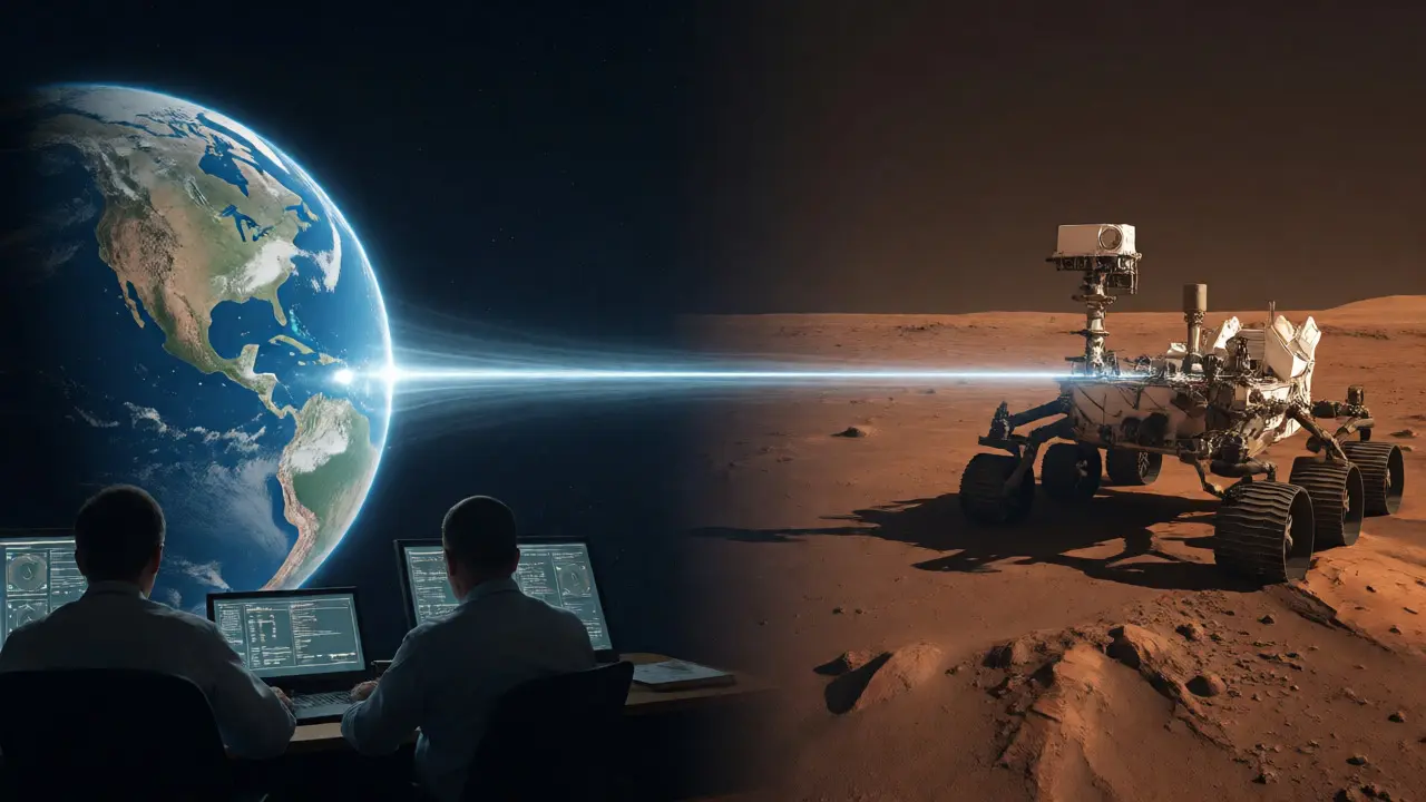 Earth and Mars connected by a light beam showing communication delay