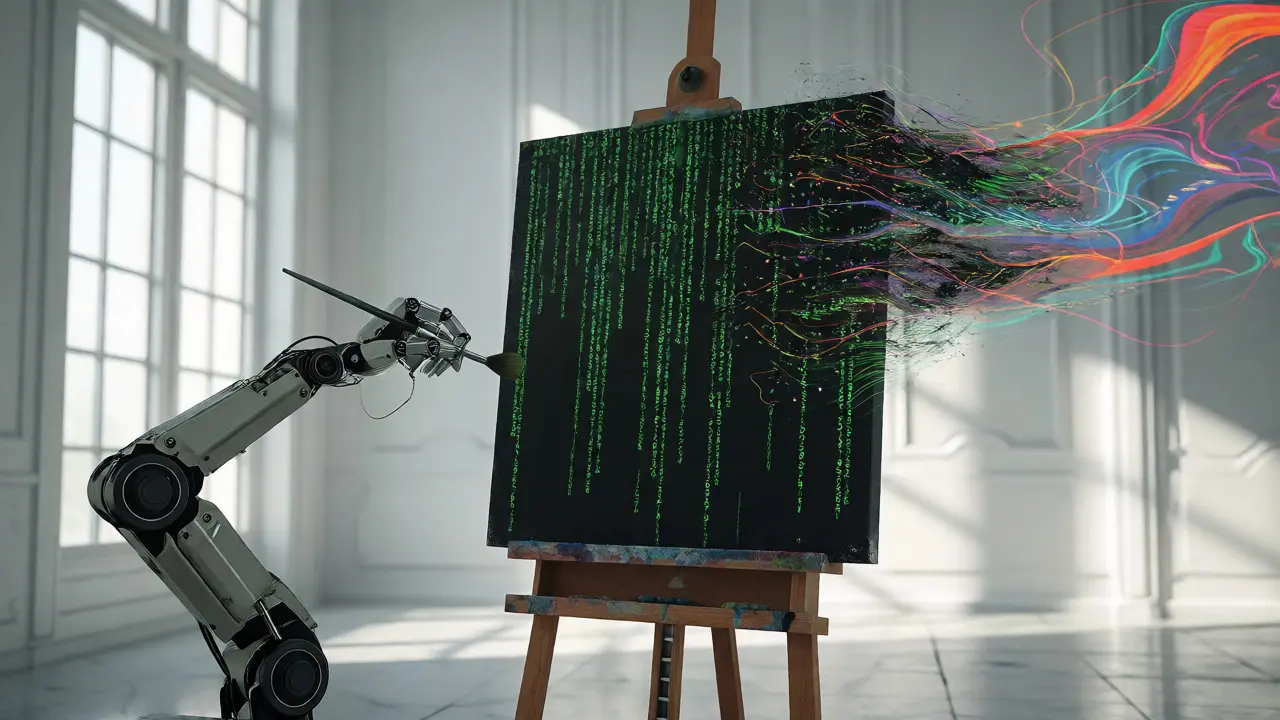 Easel with code transforming into abstract art patterns