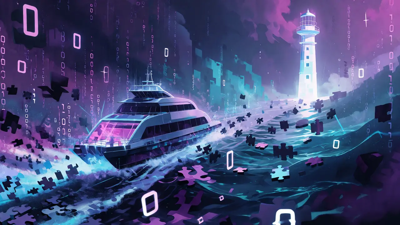 Futuristic ferry navigating digital waters towards a secure lighthouse, symbolizing bridge risks.