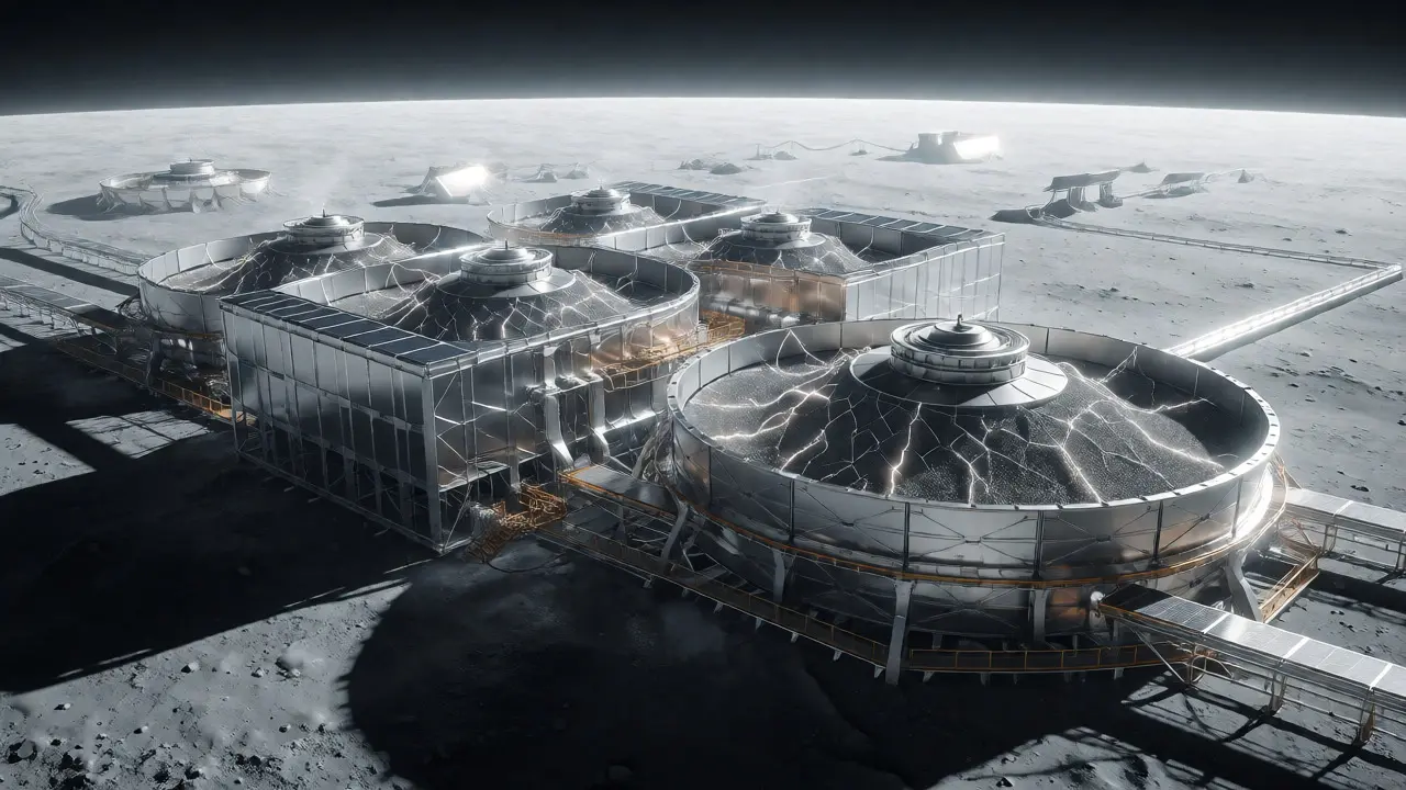 Futuristic lunar mining facility using centrifugal and electrostatic separators.