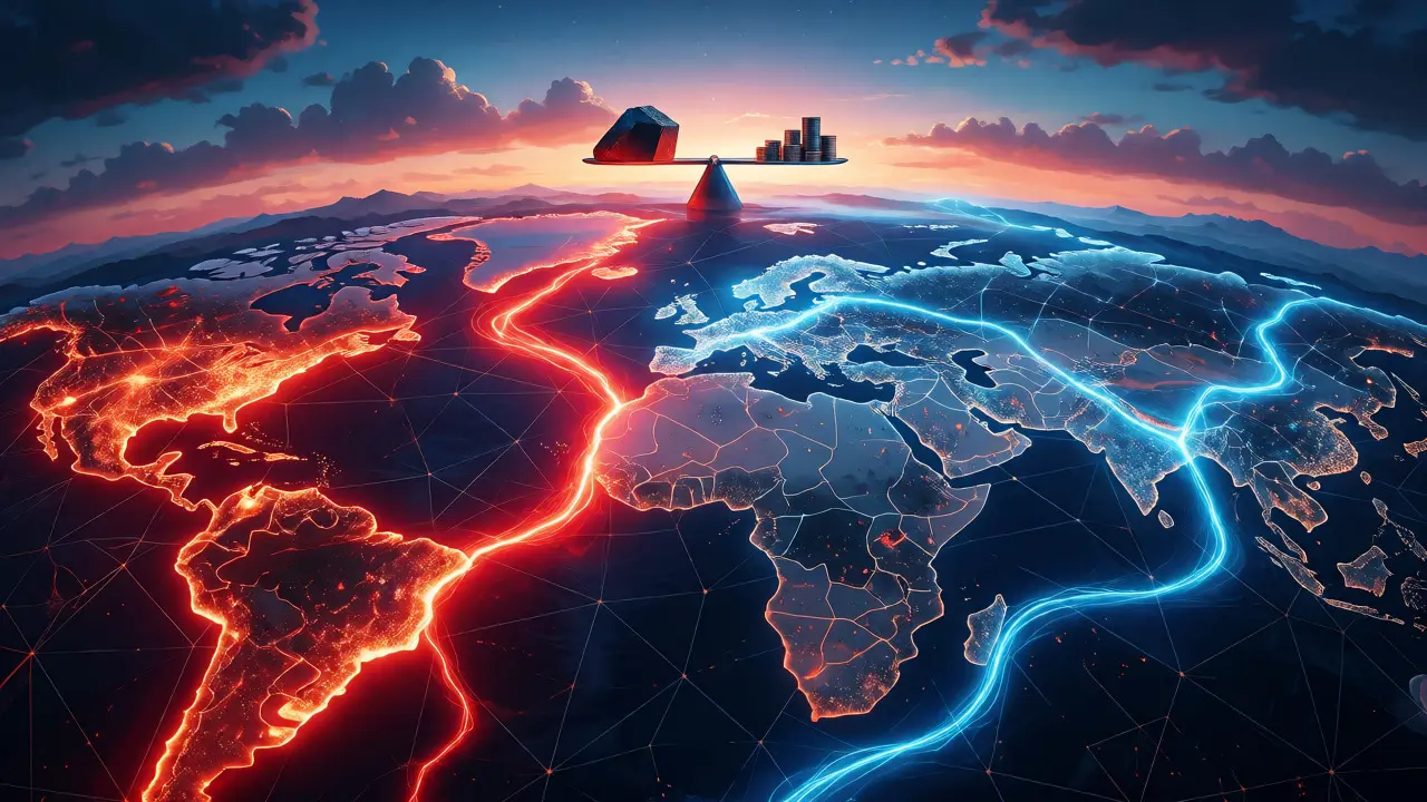 Global network map illustrating the geographic energy flow of PoW versus the digital node distribution of PoS.