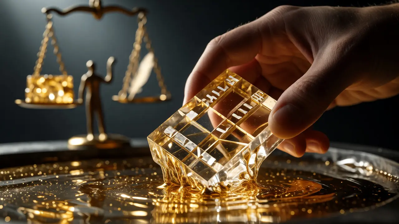 Hand lifting a crystalline block from liquid gold, symbolizing staked assets.