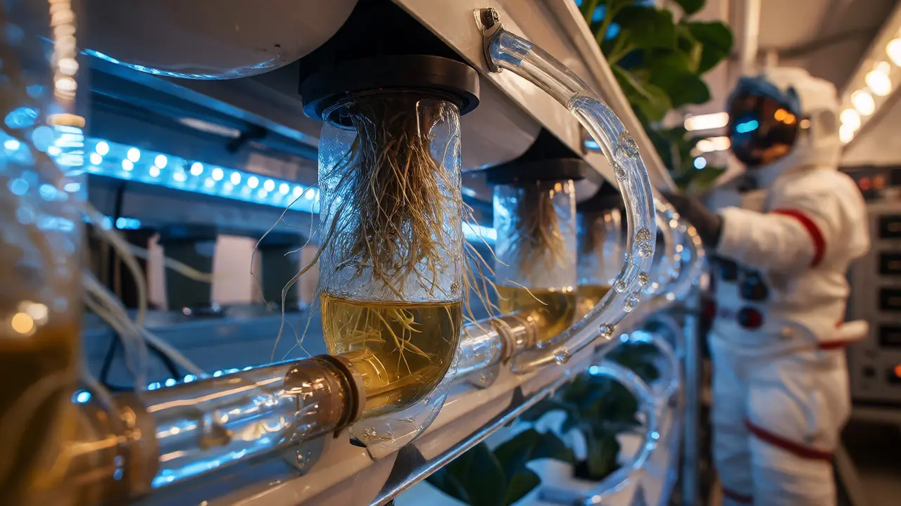 Hydroponic plant roots in nutrient water under purple LED lights