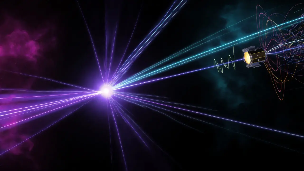 Illustration of X-ray beams from a spinning pulsar reaching a satellite detector.