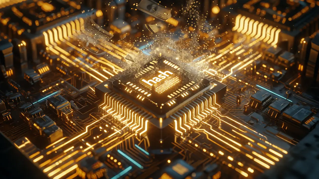 Macro view of a glowing ASIC miner chip with abstract financial elements.