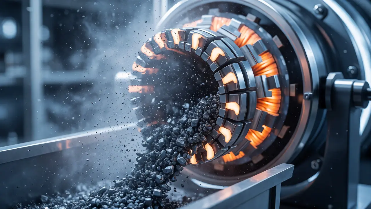 Magnetic drum separating iron-rich dust from lighter minerals in a lab.