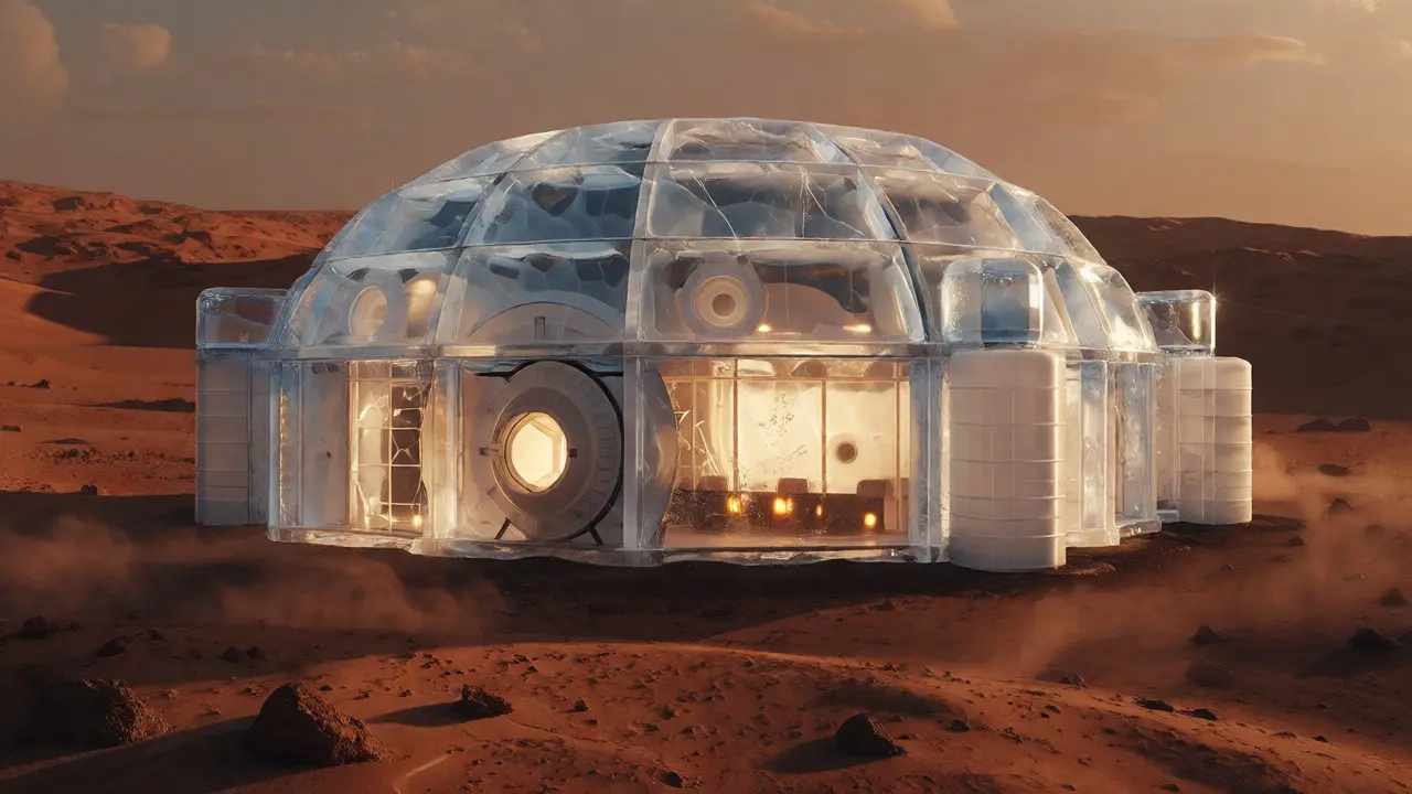 Mars habitat with ice and water walls protecting astronauts from the harsh planetary environment.