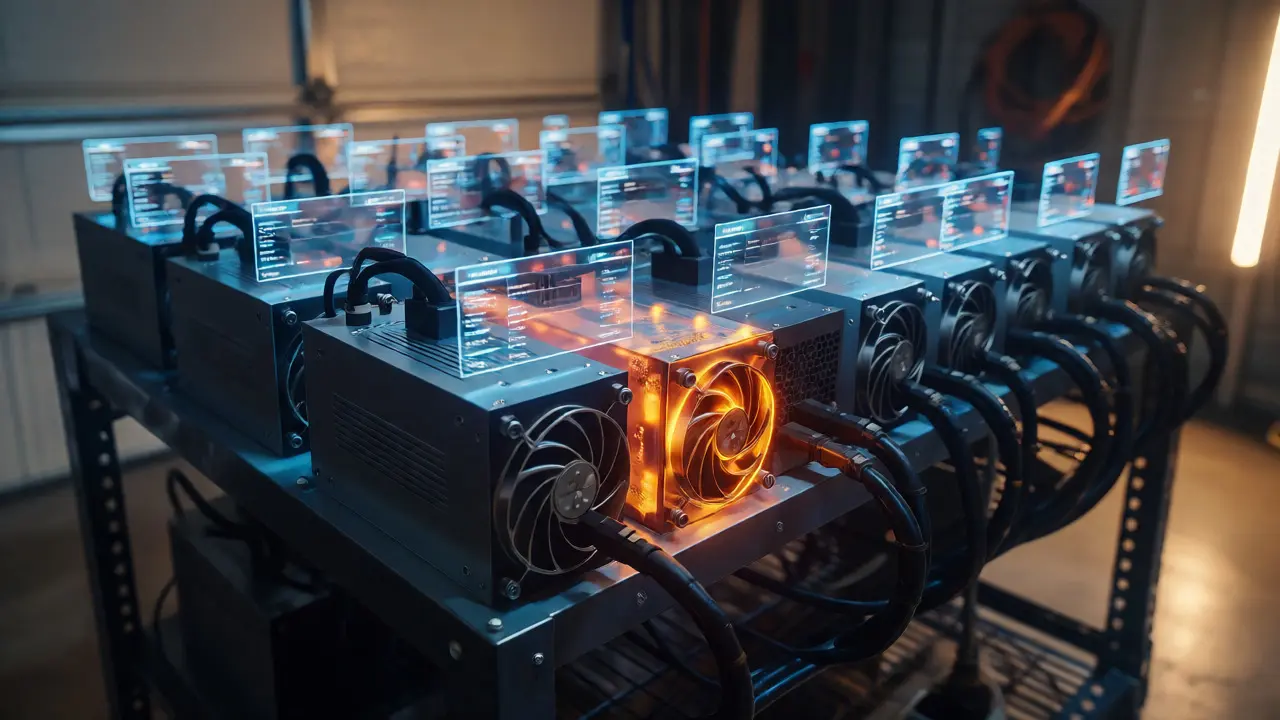Mining rack with holographic data overlays highlighting temperature differences between units.