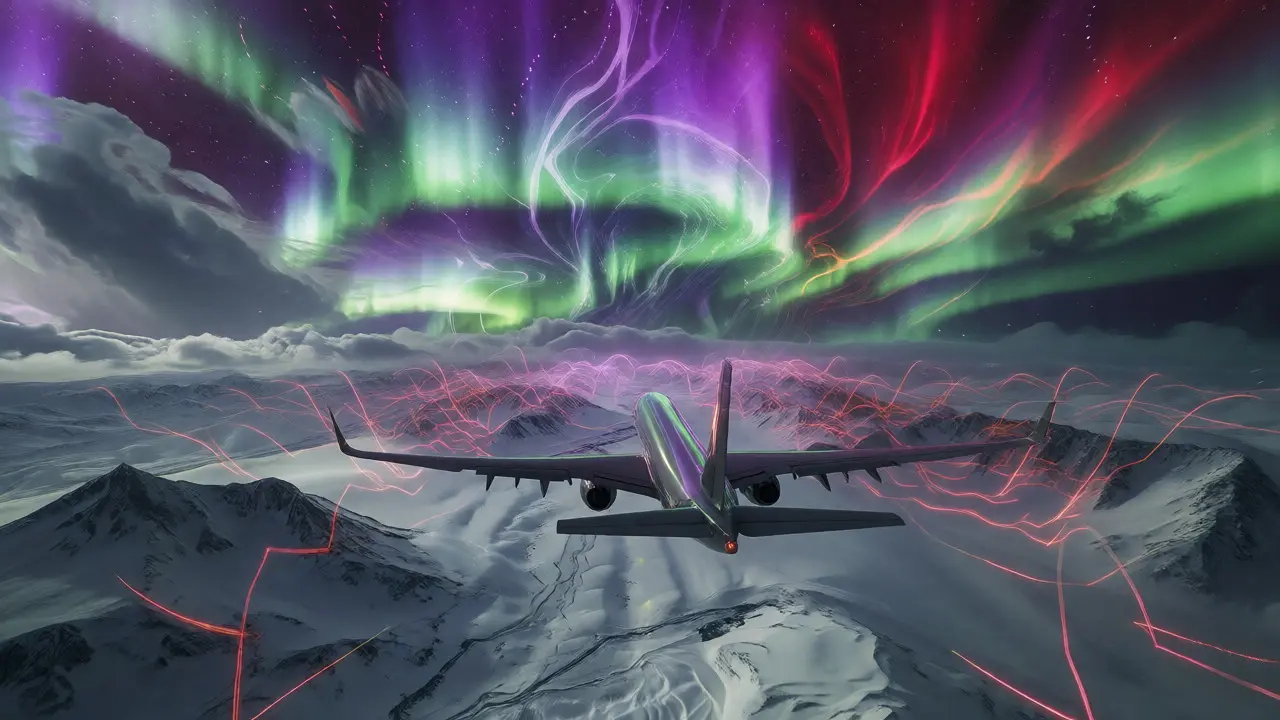 Plane over Arctic with intense auroras indicating HF signal disruption