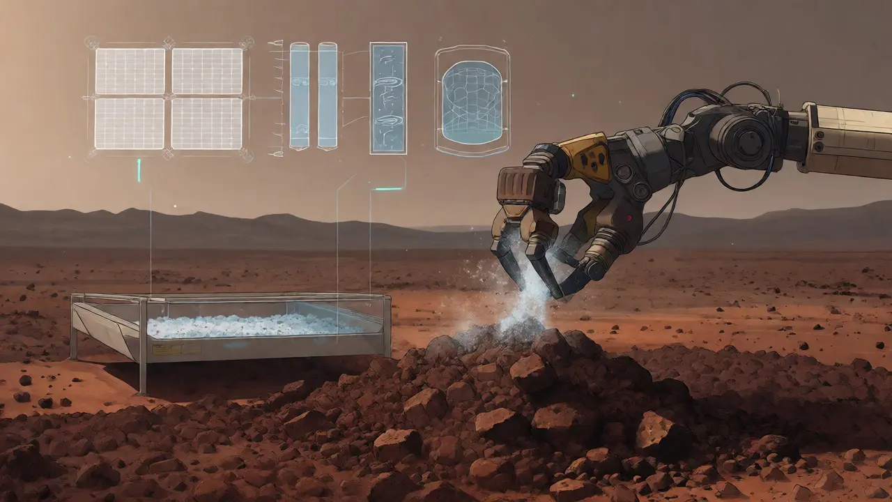 Robotic arm processing Martian regolith for farming