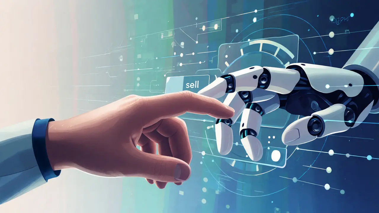 Robotic hand guiding human to sell button amidst data streams