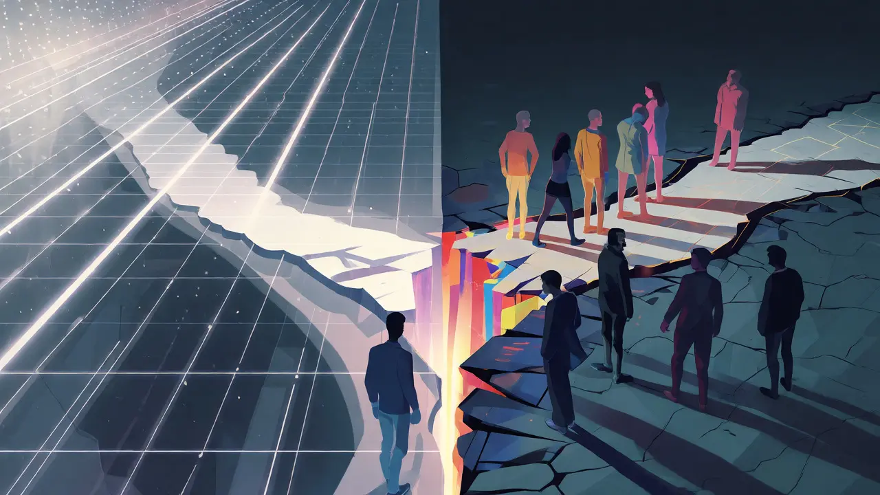 Split digital timelines representing the Ethereum DAO fork and social consensus.