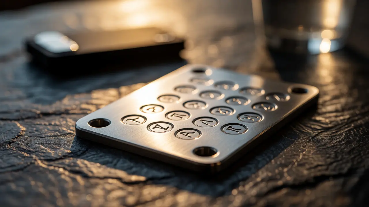 Stainless steel metal seed phrase backup plate on a stone surface
