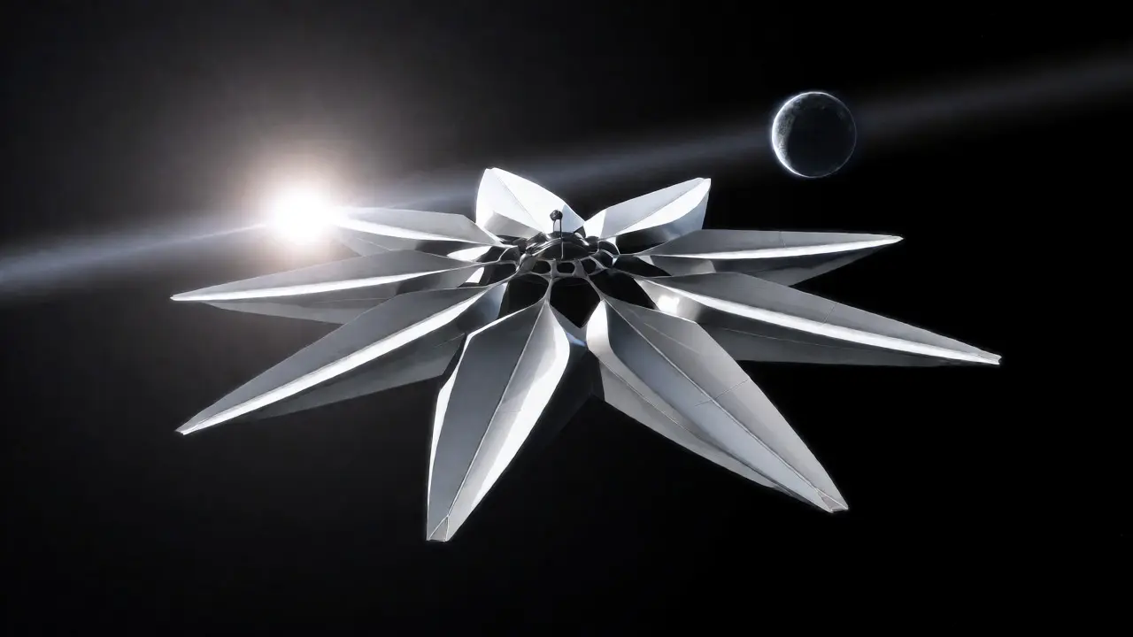Starshade spacecraft blocking starlight to reveal a distant Earth-like planet
