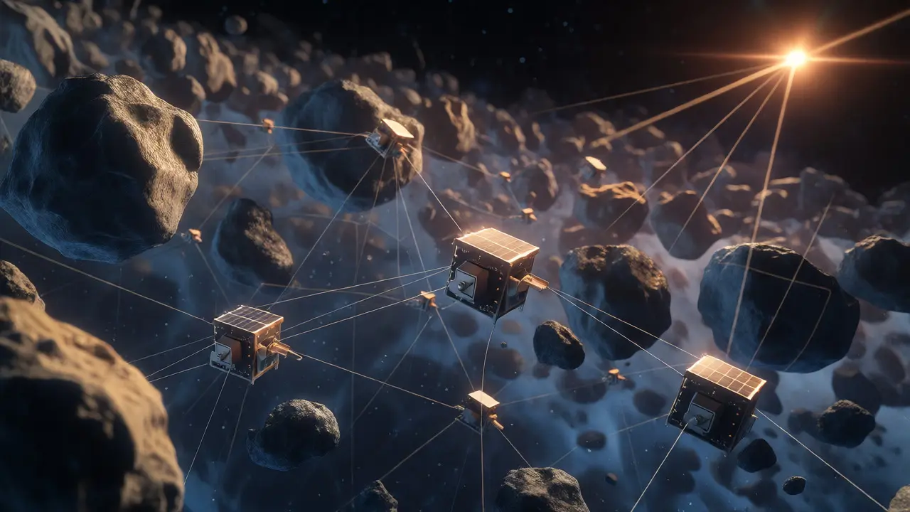 Swarm of small probes navigating an asteroid belt using pulsar navigation signals.