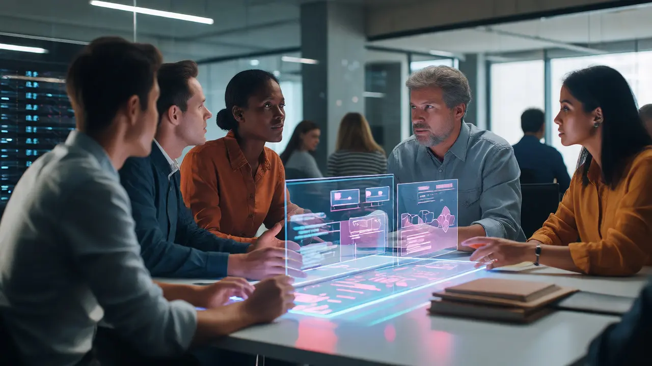 Team discussing DAO governance and security audits in a modern office